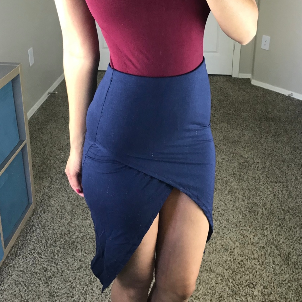-Navy Wrap Surplice Asymmetrical Skirt- - Picture 2 of 4